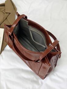 大容量女裝 PU 手提包，復古單肩包，手提包，純色斜背包，適合日常通勤 - 棕色 - 查看 3