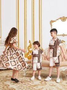 SHEIN Leap Crew 中小童男孩1件巴洛克印花襯衫和短褲