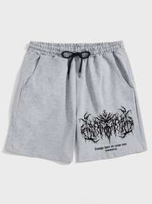 ROMWE MEN Goth Guys Letter Graphic Drawstring Waist Shorts - Light Grey - View 1