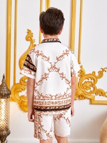 SHEIN Leap Crew 中小童男孩1件巴洛克印花襯衫和短褲