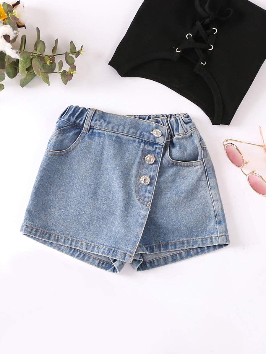 小女童不對稱前紐扣牛仔裙褲 - 淺色水洗藍 - 查看 1