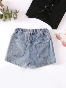 小女童不對稱前紐扣牛仔裙褲 - 淺色水洗藍 - 查看 2