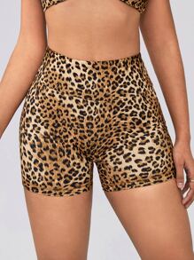 Slayform Leopard Print Wideband Waist Sports Shorts Biker Shorts - Multicolor - View 3