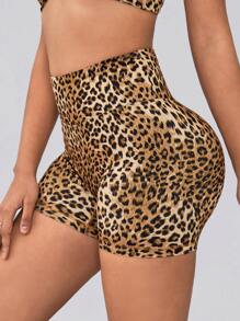 Slayform Leopard Print Wideband Waist Sports Shorts Biker Shorts - Multicolor - View 4