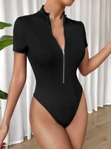 SHEIN Essnce Zip Up Slim Fit Bodysuit - Black - View 1