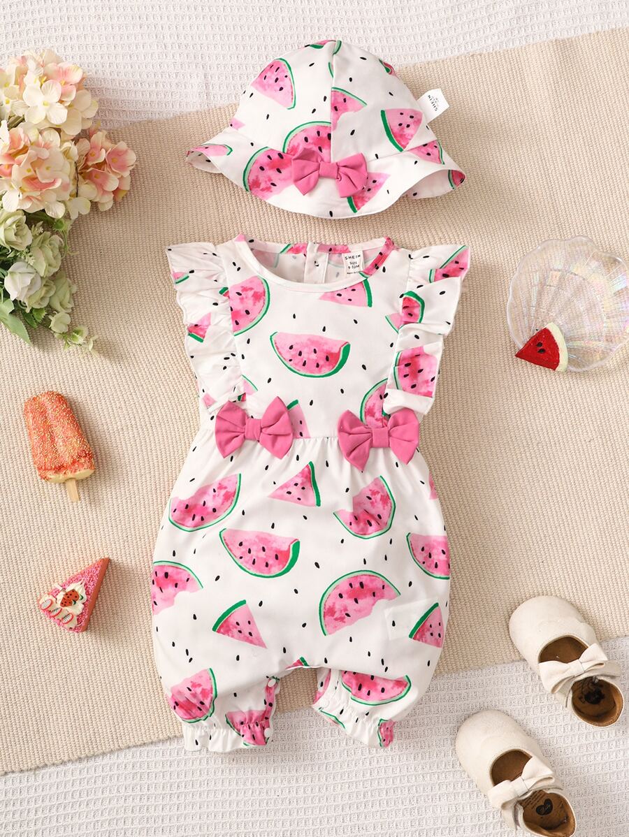 Bebé Mono con estampado de sandía ribete con fruncido con lazo delantero - Blanco - Ver 1