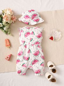 Bebé Mono con estampado de sandía ribete con fruncido con lazo delantero - Blanco - Ver 2