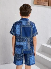 SHEIN Bộ hai mảnh Trai Nút phía trước Paisley Họa tiết khăn Boho - Nhiều màu - Xem 7