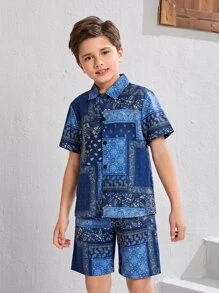 SHEIN Bộ hai mảnh Trai Nút phía trước Paisley Họa tiết khăn Boho - Nhiều màu - Xem 3