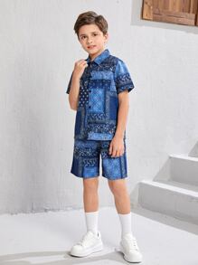 SHEIN Bộ hai mảnh Trai Nút phía trước Paisley Họa tiết khăn Boho - Nhiều màu - Xem 6