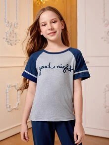 SHEIN Girls Letter Graphic Contrast Raglan Sleeve PJ Set - Multicolor - View 3