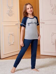SHEIN Girls Letter Graphic Contrast Raglan Sleeve PJ Set - Multicolor - View 4