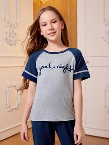 SHEIN Girls Letter Graphic Contrast Raglan Sleeve PJ Set - Multicolor - View 6
