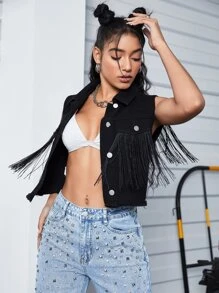 Áo khoác & áo khoác denim nữ mép Nút phía trước màu trơn Buổi tiệc - màu đen - Xem 1