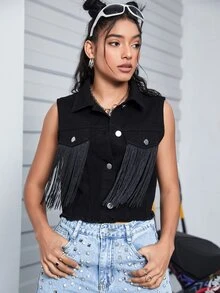 Áo khoác & áo khoác denim nữ mép Nút phía trước màu trơn Buổi tiệc - màu đen - Xem 3