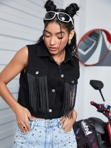 Áo khoác & áo khoác denim nữ mép Nút phía trước màu trơn Buổi tiệc - màu đen - Xem 5