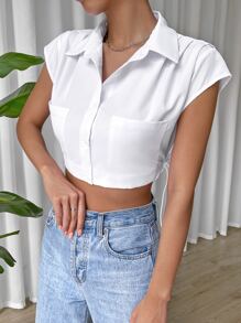 SHEIN EZwear Áo sơ mi nữ Túi Nút phía trước màu trơn Giải trí - trắng - Xem 1