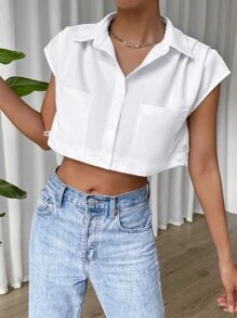 SHEIN EZwear Áo sơ mi nữ Túi Nút phía trước màu trơn Giải trí - trắng - Xem 3