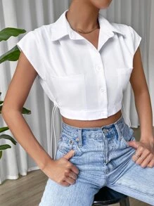 SHEIN EZwear Áo sơ mi nữ Túi Nút phía trước màu trơn Giải trí - trắng - Xem 5