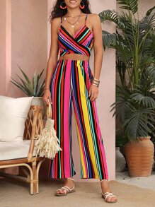 SHEIN VCAY Striped Print Tie Back Cami Top & Wide Leg Trousers - Multicolor - View 3