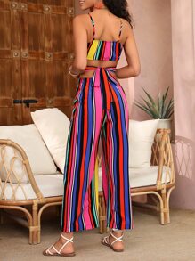 SHEIN VCAY Striped Print Tie Back Cami Top & Wide Leg Trousers - Multicolor - View 2