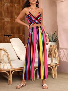 SHEIN VCAY Striped Print Tie Back Cami Top & Wide Leg Trousers - Multicolor - View 1