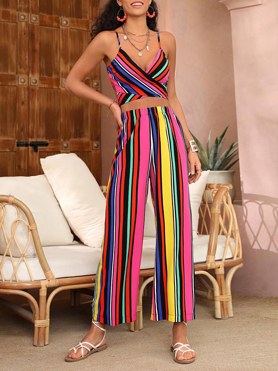SHEIN VCAY Striped Print Tie Back Cami Top & Wide Leg Trousers - Multicolor - View 1