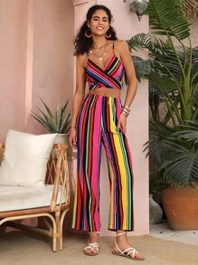 SHEIN VCAY Striped Print Tie Back Cami Top & Wide Leg Trousers - Multicolor - View 5
