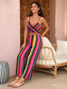 SHEIN VCAY Striped Print Tie Back Cami Top & Wide Leg Trousers - Multicolor - View 6