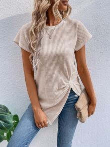 SHEIN LUNE Áo thun nữ Bất đối xứng xoắn lại màu trơn Giải trí - Màu be - Xem 3