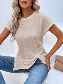 SHEIN LUNE Áo thun nữ Bất đối xứng xoắn lại màu trơn Giải trí - Màu be - Xem 4