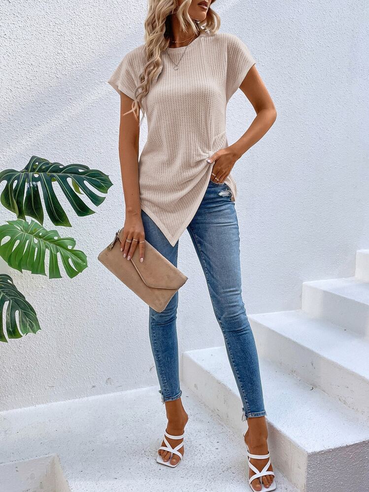 SHEIN LUNE Áo thun nữ Bất đối xứng xoắn lại màu trơn Giải trí - Màu be - Xem 5