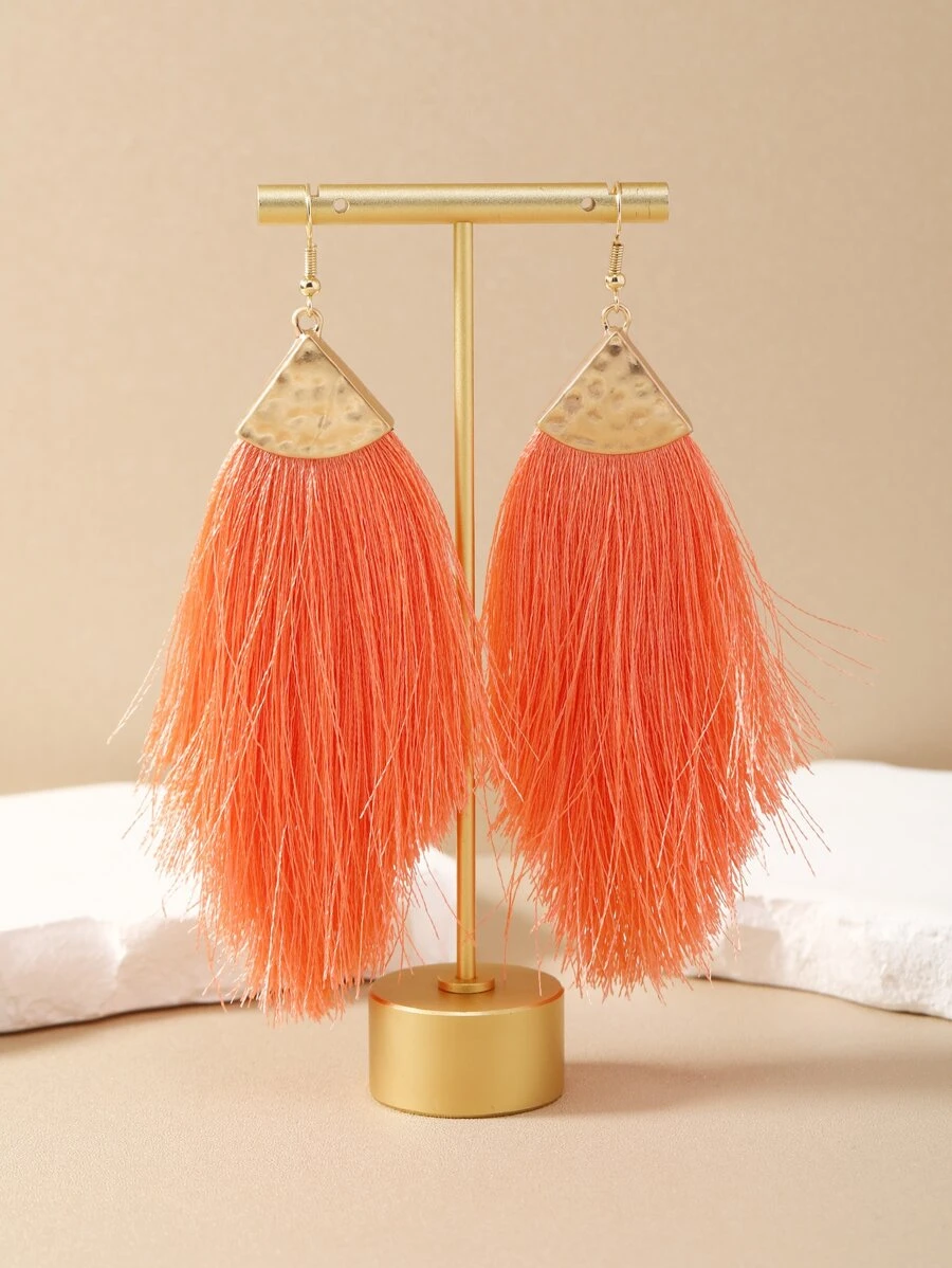 1對波西米亞風格度假氛圍粉色/橘色/黑色長流蘇三角形極簡耳環 - 橘色 - 查看 1