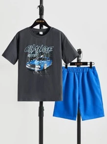 SHEIN 男孩汽車和字母圖案T恤和短褲