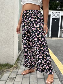 SHEIN Holidaya Plus Floral Print Ruffle Trim Wide Leg Trousers - Multicolor - View 4