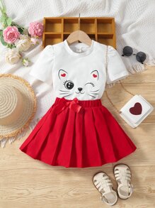 Camiseta Gráfica De Caricatura Para Niña Y Falda Plisada - Rojo - Ver 1
