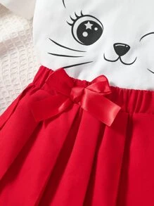 Camiseta Gráfica De Caricatura Para Niña Y Falda Plisada - Rojo - Ver 5