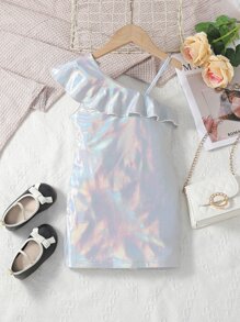 Đầm bé gái Bất đối xứng Xù màu trơn Buổi tiệc - trắng - Xem 1