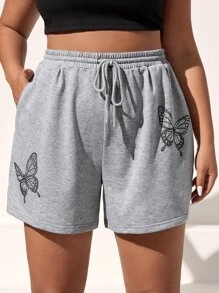 SHEIN EZwear Plus Butterfly Print Drawstring Waist Slant Pocket Shorts - Light Grey - View 4