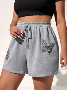 SHEIN EZwear Plus Butterfly Print Drawstring Waist Slant Pocket Shorts - Light Grey - View 2