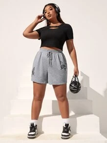 SHEIN EZwear Plus Butterfly Print Drawstring Waist Slant Pocket Shorts - Light Grey - View 3