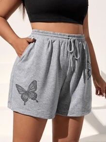SHEIN EZwear Plus Butterfly Print Drawstring Waist Slant Pocket Shorts - Light Grey - View 1