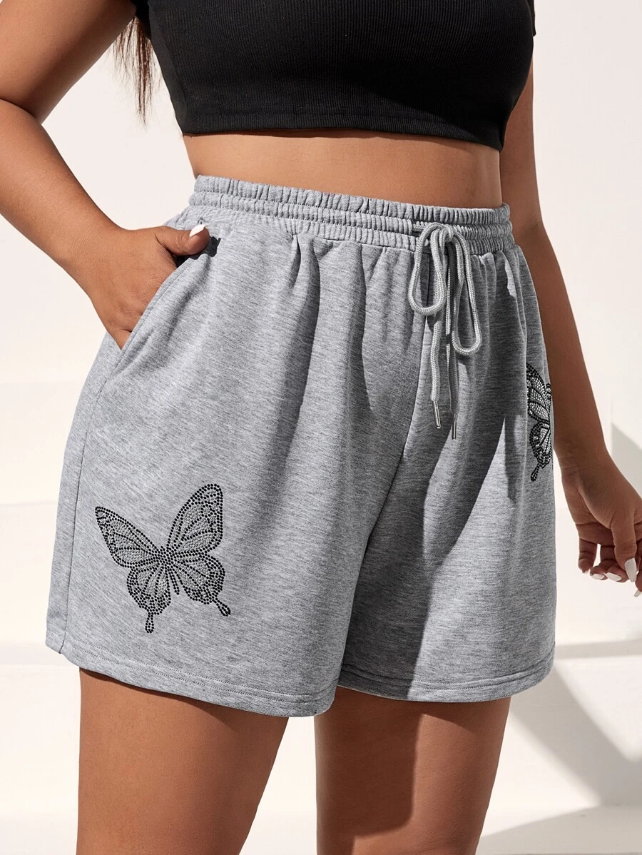 SHEIN EZwear Plus Butterfly Print Drawstring Waist Slant Pocket Shorts - Light Grey - View 1