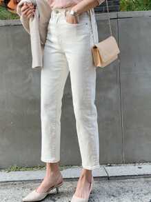 DAZY Solid Straight Leg Cropped Jeans - Beige - View 3