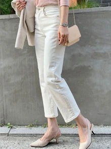 DAZY Solid Straight Leg Cropped Jeans - Beige - View 4