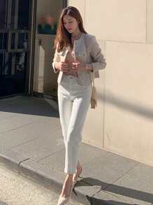 DAZY Solid Straight Leg Cropped Jeans - Beige - View 5