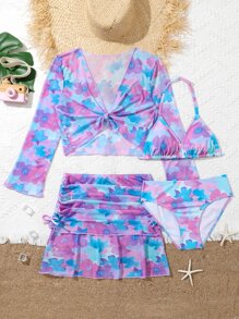 SHEIN Teen Girls Floral Bikini Set With Cover Up Set Summer Beach - Multicolor - View 1