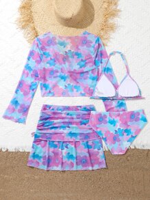 SHEIN Teen Girls Floral Bikini Set With Cover Up Set Summer Beach - Multicolor - View 2