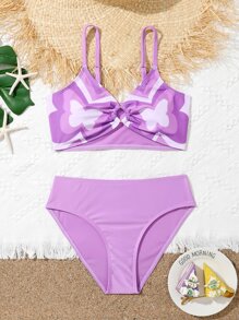 SHEIN Teen Girls Butterfly Print O-Ring Front Bikini Set Summer Beach - Purple - View 1