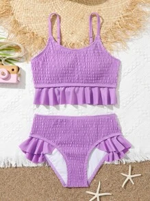Conjunto de bikini con volantes arrugados para niña preadolescente, para playa de verano - Morado - Ver 1